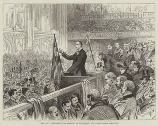 Das Anti-Home-Rule-Treffen der Stadt in der Guildhall, Mr. Chamberlain spricht